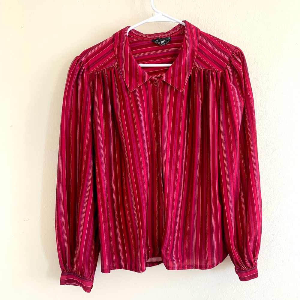EVC Vibes 70s 80s Vintage Red Micro Striped Button Up Joren Blouse